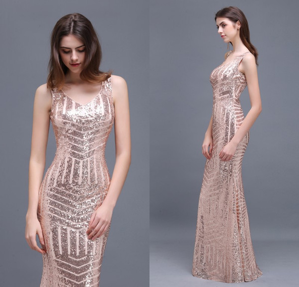 Special Design Rose Gold Sequins Evening Dresses V Neck Floor Length Mermaid Prom Gowns Designer Occasion Party Gowns CPS371