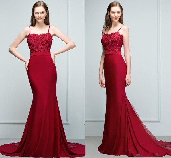 Dark Red Designer Mermaid Long Bridesmaid Dresses Sexy Straps Lace Appliqued Maid of Honor Gowns Cheap Wedding Party Guest Wear CPS797
