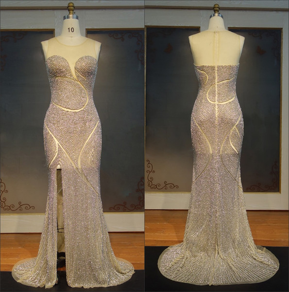 2018 Luxury Major Beaded Mermaid Long Evening Dresses Sheer Mesh Top Split Floor Length Formal Party Prom Dresses BA8347