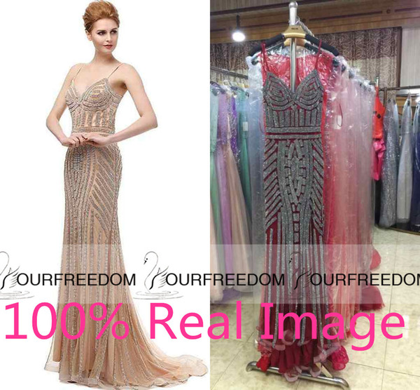 Luxury Spaghetti Strap Mermaid Evening Dresses New Fashion Crystal Champagne Long Party Dress Dubai Vestidos De Noche LX116