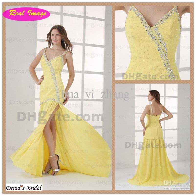 Honorable Spaghetti beading Strap Prom Dresses Light Yellow Chiffon Splite Side Evening Dress HX78 dhyz 01