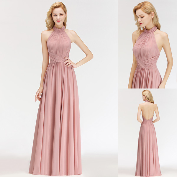 Elegant Blush Pink Chiffon Prom Dresses 2019 New Sexy Halter Backless Ruched Pleats Floor Length Formal Evening Party Gown CPS1058