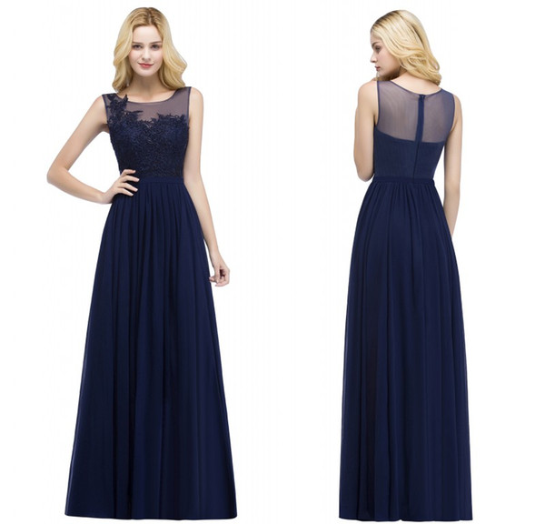 New Designer Dark Navy Long Evening Dresses Sheer Neck Lace Appliqued Formal Prom Party Pageant Gowns CPS899