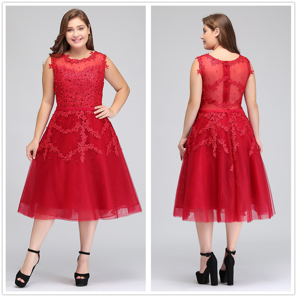 Real Image Plus Size Red Lace Short Cocktail Dresses Tulle Lace Beaded Knee Length A Line Formal Party Evening Dresses CPS298