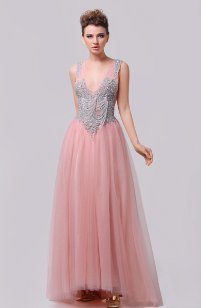 2016 Sexy Low Back Prom Dresses Real Pictures Sexy V Neck Beaded Tassels Tulle Sleeveless Floor Length Evening Gowns