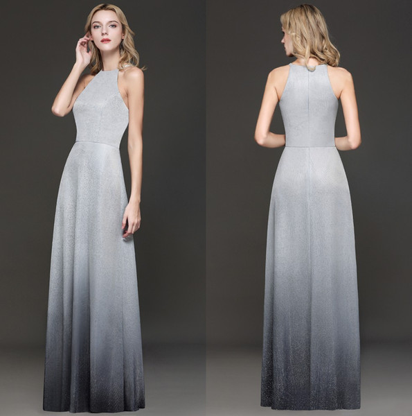 Elegant Halter Sequins Long Prom Dresses 2019 Silver Gray Gradient Color A Line Floor Length Formal Party Evening Gowns Real Image CPS1245