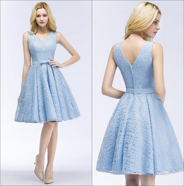 Light Sky Blue Lace Homecoming Dresses V Neck Short A Line Formal Party Cocktial Prom Dresses CPS916