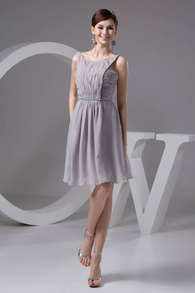 Crew Neck Chiffon Short Homecoming Dresses Beaded Stones Ruched Empire A Line Formal Party Short Cocktail Prom Dresses WD4-875