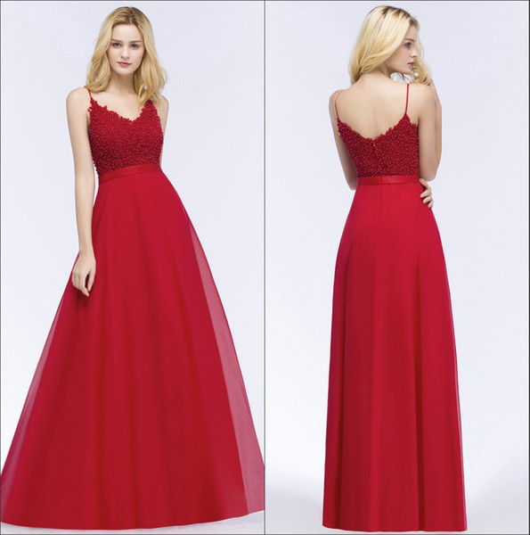 Red Beaded Long Prom Dresses 2018 Spaghetti Straps Tulle Lace Applique Pearls Top Floor Length Formal Party Evening Dresses CPS871