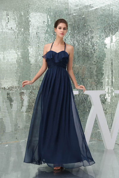 Halter Chiffon Long Evening Dresses Cheap Real Image Ruched Ruffles Formal Party Prom Special Occasional Dresses WD5-038