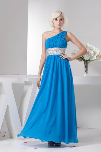 One Shoulder Chiffon Long Evening Dresses Cheap Real Image Ruched Beaded Sash Formal Party Prom Special Occasional Dresses WD4-1323