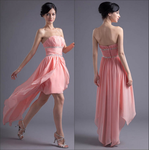 Chiffon High Low Prom Dresses Real Image Strapless Ruched Beaded Ruffles Formal Party Evening Dresses ZPT008