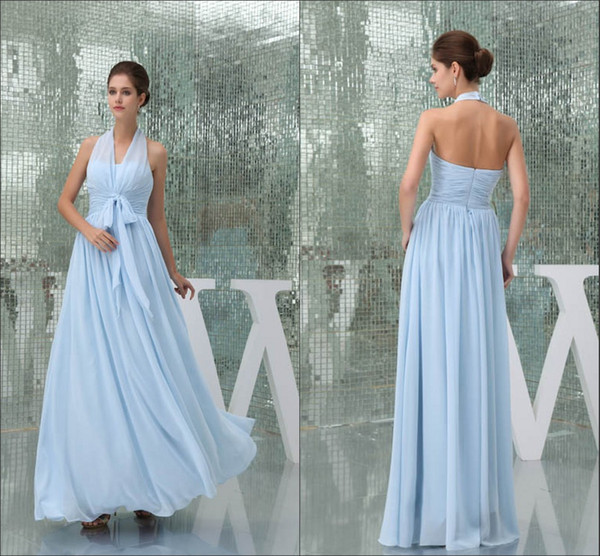 Halter Chiffon Long Evening Dresses Cheap Real Image Ruched Backless Floor Length Formal Party Prom Special Occasional Dresses WD5-078