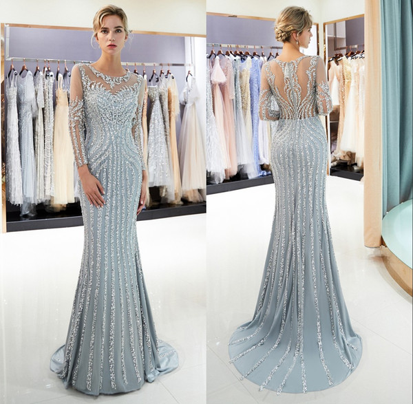 Sheer Long Sleeves Tulle Mermaid Long Evening Dresses Real Image Major Beaded Stones Floor Length Formal Party Prom Dresses CPS1163