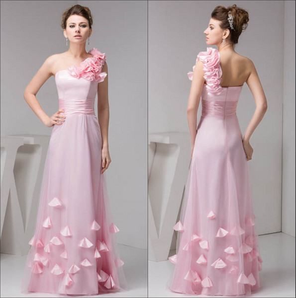 Pink One Shoulder Tulle Prom Dresses Elegant 3D Floral Ruffles Ruched Floor Length Formal Party Prom Dresses WD4-1204