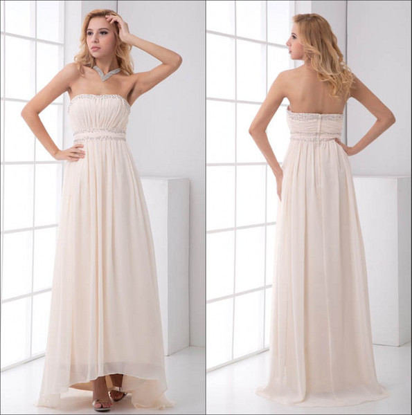 Chiffon High Low Prom Dresses Real Image Champagne Strapless Ruched Empire Floor Length Formal Party Evening Dresses ZPT196