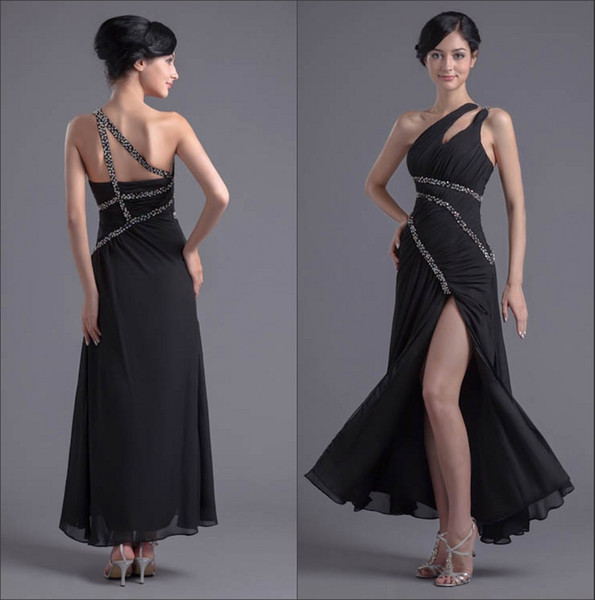 One Shoulder Chiffon Long Prom Dresses Real Image Ruched Beaded Split Formal Party Floor Length Evening Dresses ZPT019