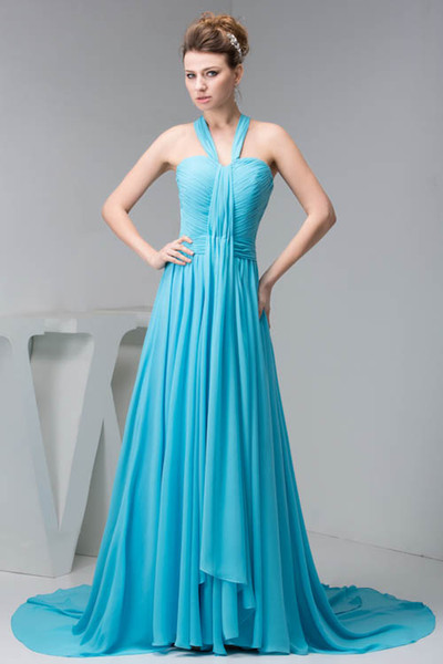 Chiffon Long Prom Dresses Real Image Halter Ruched Backless Formal Party Floor Length Evening Dresses WD4-1202