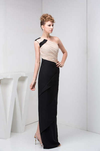 One Shoulder Chiffon Long Evening Dresses Cheap Real Image Ruched Split Formal Party Prom Special Occasional Dresses WD4-1059