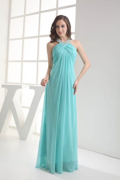 Halter Chiffon Long Prom Dresses Real Image Ruched Beaded Stones A Line Formal Party Floor Length Evening Dresses WD4-006
