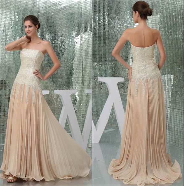 Strapless Sequined Long Evening Dresses Elegant Chiffon Ruched Floor Length Formal Party Prom Dresses WD5-057