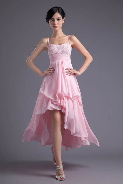 Chiffon High Low Prom Dresses Real Image Spaghetti Straps Beaded Stones Ruched Formal Party Evening Dresses ZPT026