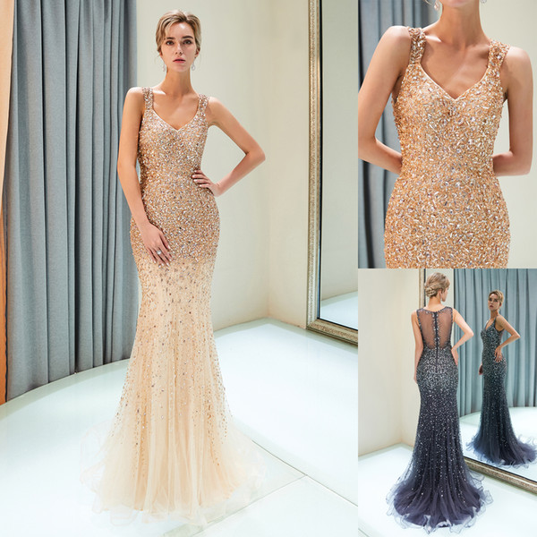 Luxury Beaded Gray Gold Mermaid Prom Dresses Tulle Sweep Train Wedding Bridal Gown Straps Formal Evening Wear CPS1176