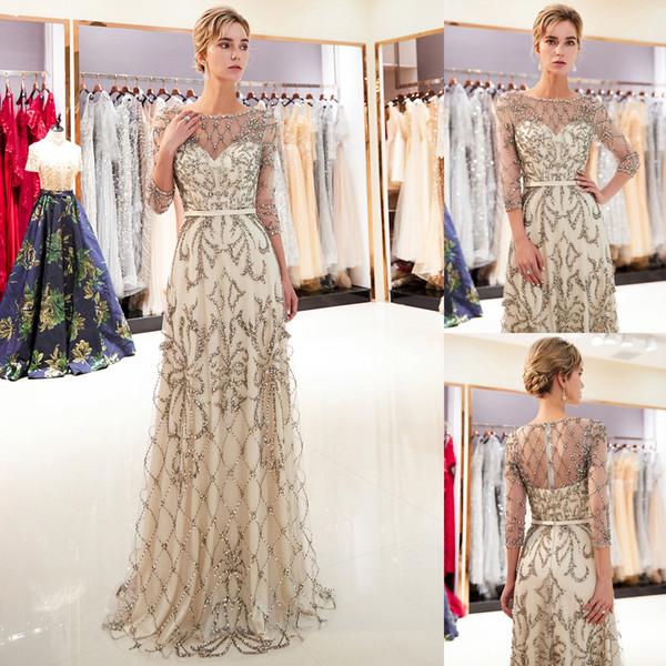 Newest 3/4 Long Sleeves Prom Dresses Luxury Beaded Ribbon Sheer Neck A Line Floor Length Tulle Formal Evening Occasion Wear CPS1181