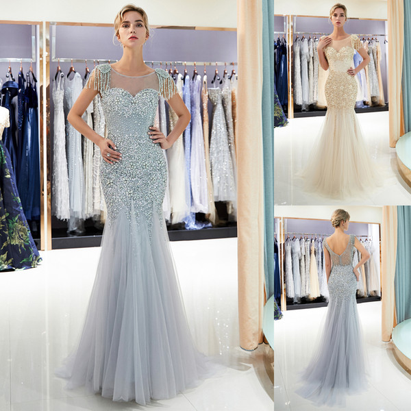 100% Real Pictures Mermaid Evening Dresses Luxury Beaded Sheer Neck Designer Formal Occasion Wear Tulle Sweep Train Prom Party Gown CPS1161