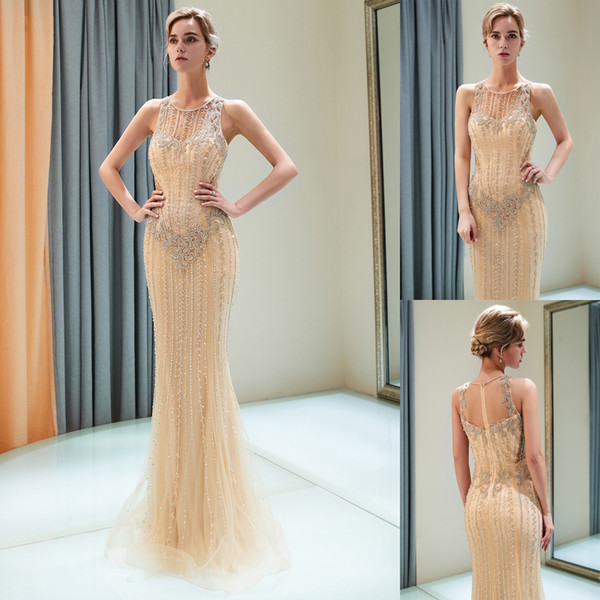 Luxury Beading Gold Mermaid Designer Prom Dresses Sleeveless Tulle Floor Length Formal Evening Wear Wedding Party Gown 100% Real Image