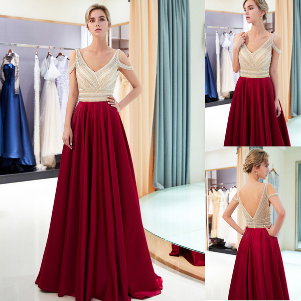 Luxury Beaded Burgundy Prom Dresses Elastic Satin Straps Sexy Off the Shoulder Formal Evening Gown Sexy V Neck Graduation Party Dress 1158