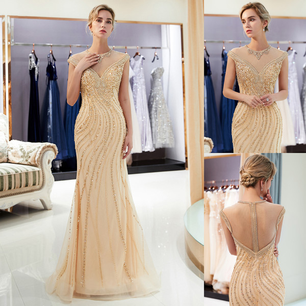 Gold/Gray Mermaid Designer Evening Dresses Sheer Neck Illusion Back Luxury Beaded Sequins Prom Party Gown Formal Occasion Wear CPS1165