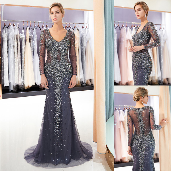 Gray Long Sleeves Designer Evening Dresses Sexy Illusion Bodice Tulle Luxury Beaded Sequins Graduation Party Prom Gown Formal Wear CPS1173