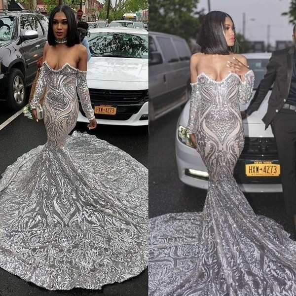 Sliver Mermaid Prom Reflective Dresses Long Sleeve Sweep Strain Illusion Sweetheart Formal Evening Dress Party Gowns Custom Made BC1694