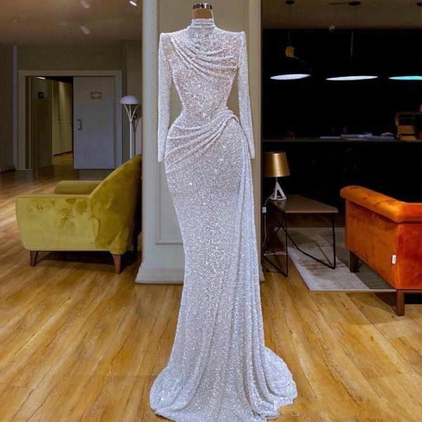 Elegant Sequin Mermaid Evening Dresses High Collar Beaded Long Sleeve Sweep Train Formal Party Gowns Custom Made Long Prom Dress