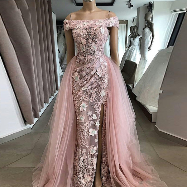 Off the Shoulder Light Pink Evening Dresses With Detachable Tulle Skirt Appliques 3D Flora Split Prom Party Gowns