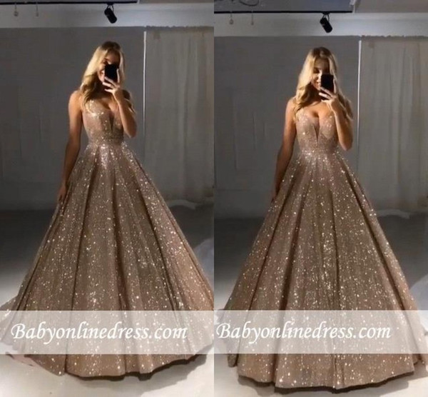 Shiny Gold Ball Gown Evening Dresses Sexy V Neck Sequins A Line Long Party Prom Dresses BC0412