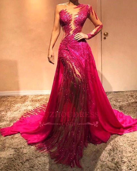 litter Fuchsia Sequin Prom Dresses One Shoulder Mermaid Sparkly Long Sleeves Formal Evening Celebrity Elegant Gowns bc0504