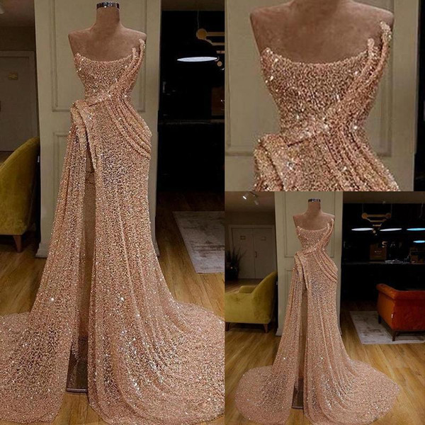 Popular Reflective Gold Sequined Evening Prom Dresses Formal Strapless High Split Prom Gowns robe de soiree Abendkleider BC2985