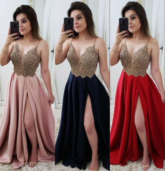 Split Evening Dresses A Line Spaghetti Strap Gold Appliques Sequins Women Occasion Party Gowns Prom Dress Custom Made BC