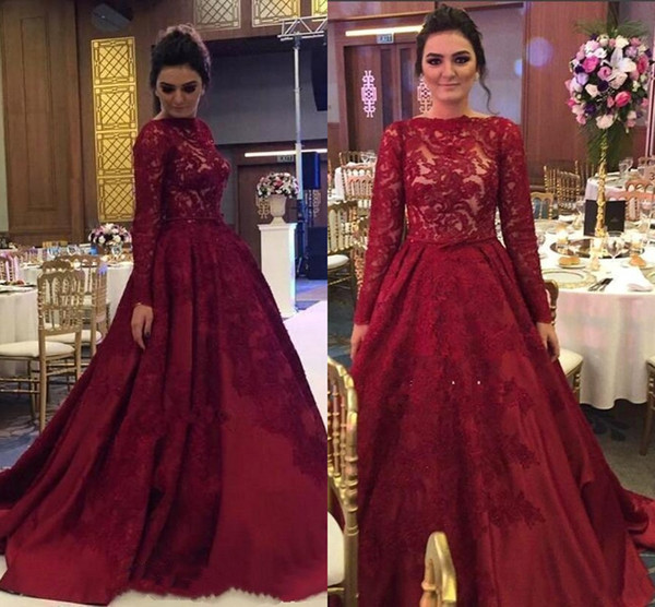 Luxury Burgundy Lace Arabic Muslim Evening Dresses Long Sleeves A Line Satin Prom Dresses Formal Party Gowns BC1854