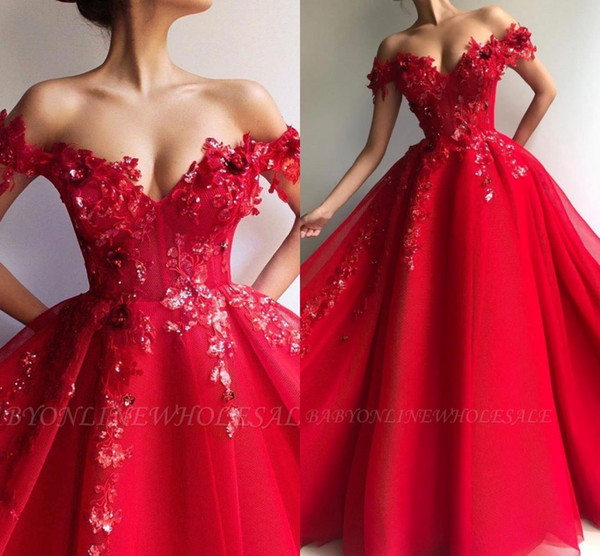 Elegant Red Flora Off Shoulder Evening Dresses A Line Appliques Sequins Long Evening Gowns Arabic Vestidos Prom Wears BC1458