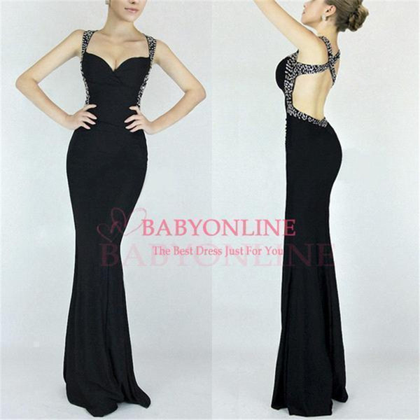 Under $40 In Stock Mermaid Evening Dresses 2022Sexy Black Spaghetti Strap Backless Long Party Prom Gowns CPS052