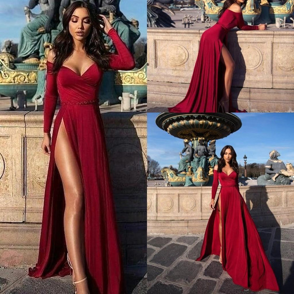 Dark Red Split Evening Dresses Vintage Long Sleeve A Line Prom Gowns Vestidos Arabic Party Celebrity Wears BC1339