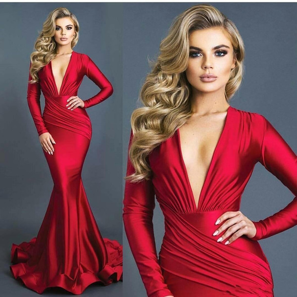 Sexy Mermaid Red Evening Dresses Ruched Deep V-neck Long Sleeves Formal Prom Dress Vestidos Elastic Silk Like Satin BA8971