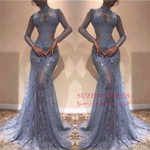 Modern Illusion See Through Lace Evening Dresses Mermaid High Neck Sheer Long Sleeves Appliques Long Party Prom Gowns Pageant Vestidos