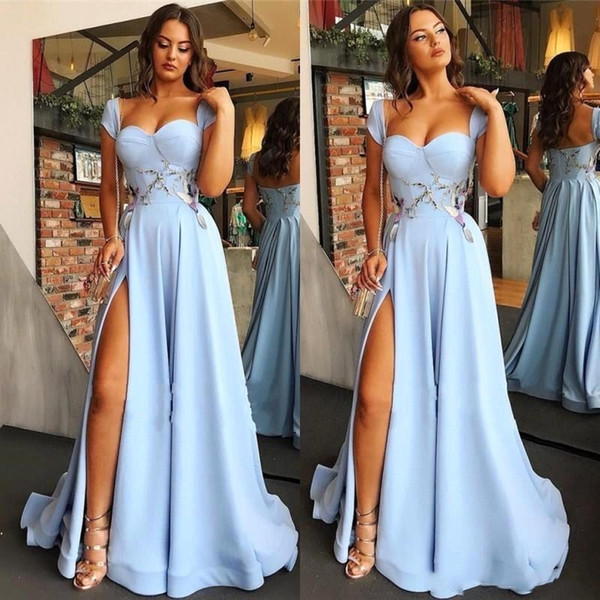 Sequin Cap Sleeves Open Back Light Sky Blue Formal Prom Dresses Sexy Side Slit Appliques Evening Gowns Cheap Bridesmaid Dress BC1747