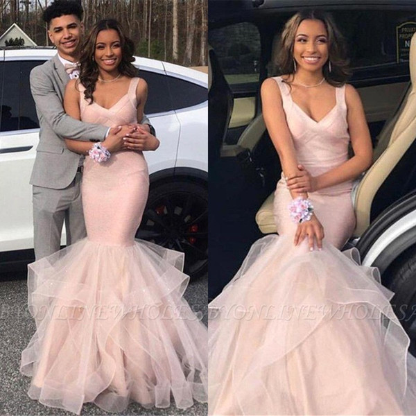 Hot Blush Pink African Prom Dresses Deep V Neck Ruched Ruffles Mermaid Evening Dress Plus Size BC4050