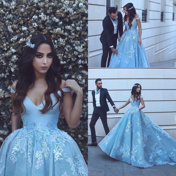 Arabic Dubai Style Evening Dresses Formal Newest A Line V Neck Light Blue Appliqued Sexy Off Shoulders Long Party Prom Gowns Vestidos