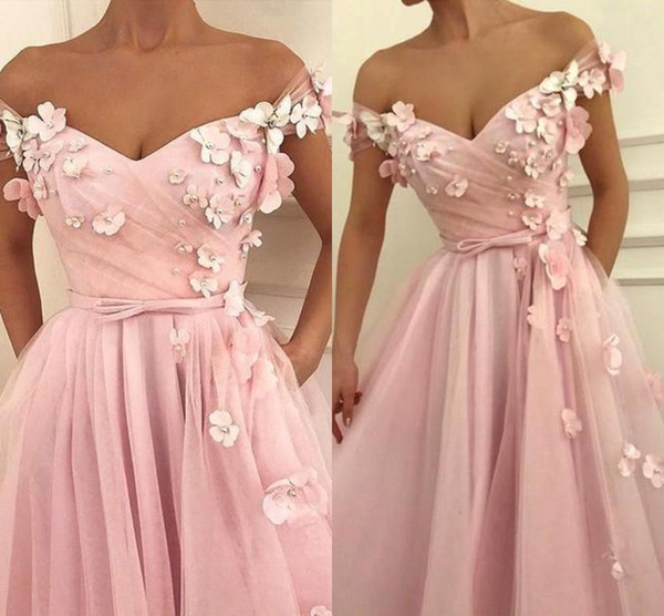 Classic Pink Evening Dresses With Hand Made Flowers Arabic Vestidos A Line Off Shoulders Pearls Floor Length Prom Dress BC0806